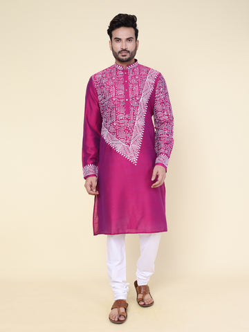 Men’s Fawn Heritage Warli Hand Block Printed Cotton Kurta with White Pajama
