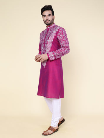 Men’s Fawn Heritage Warli Hand Block Printed Cotton Kurta with White Pajama
