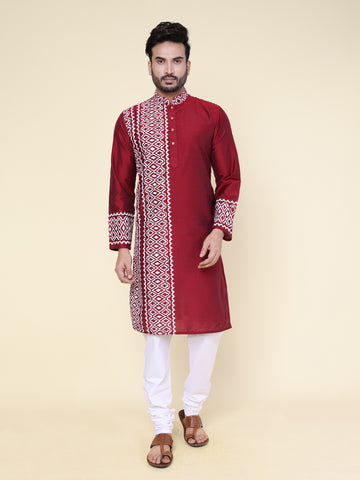 Men’s Maroon Heritage Warli Hand Block Printed Cotton Kurta with White Pajama