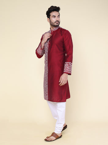 Men’s Maroon Heritage Warli Hand Block Printed Cotton Kurta with White Pajama