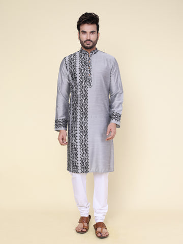 Men’s Grey Heritage Warli Hand Block Printed Cotton Kurta with White Pajama