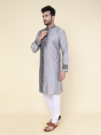 Men’s Grey Heritage Warli Hand Block Printed Cotton Kurta with White Pajama