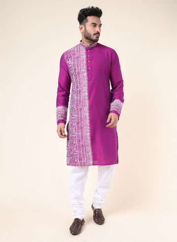 Men’s Purple Heritage Warli Hand Block Printed Cotton Kurta with White Pajama