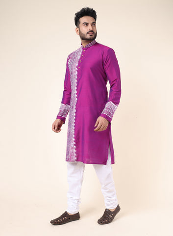 Men’s Purple Heritage Warli Hand Block Printed Cotton Kurta with White Pajama