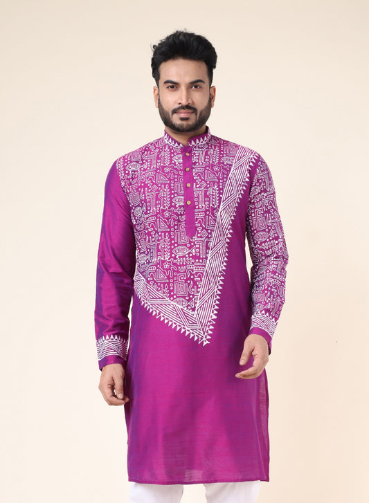 Men's Purple Hand Block Cotton Kurta