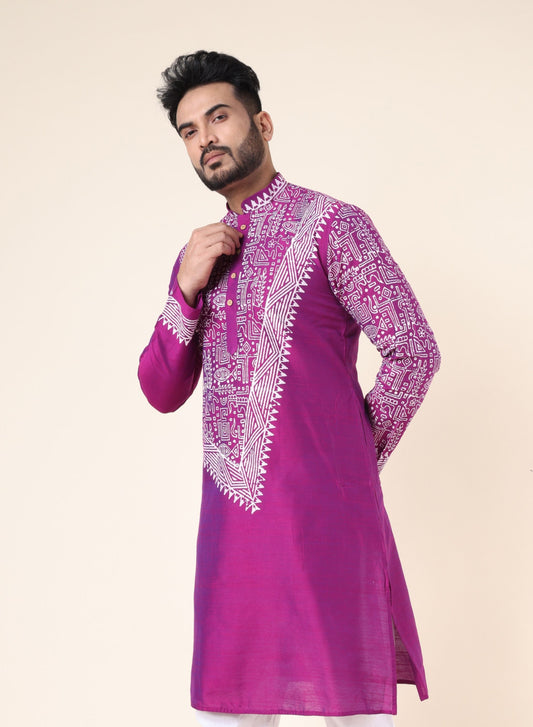 Men's Purple Hand Block Cotton Kurta