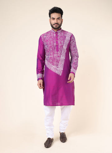 Men’s Purple Heritage Hand Block Printed Cotton Kurta with White Pajama