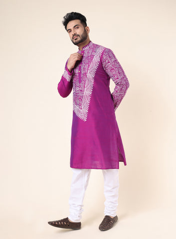 Men’s Purple Heritage Hand Block Printed Cotton Kurta with White Pajama