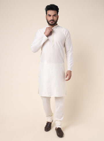Men’s Cream Mirror Work Silk Kurta with Pajama