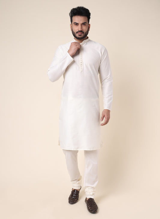 Men’s Cream Mirror Work Silk Kurta with Pajama