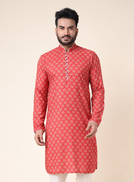 Men’s Red Silk Blend Kurta Motifs with Pajama