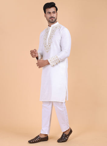 Men’s White Silk Kurta Pant Set with Golden Embroidery
