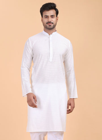 Men’s White Textured Cotton Kurta