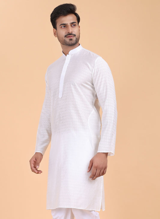 Men’s White Textured Cotton Kurta