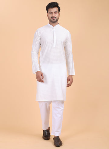 Men’s White Self-Texture Silk Kurta Pant Set