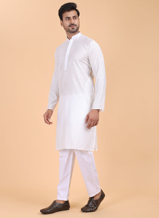 Men’s White Self-Texture Silk Kurta Pajama Set