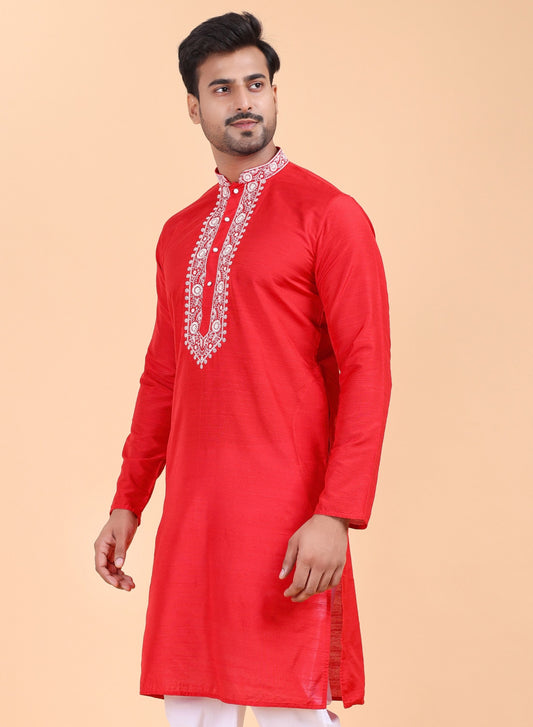 Men’s Red Embroidered Cotton Kurta