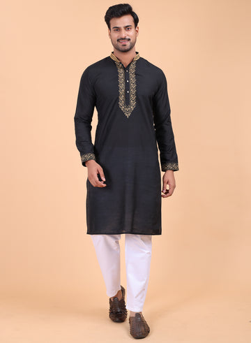 Men’s Black Silk Kurta and White Pant Set with Golden Embroidery