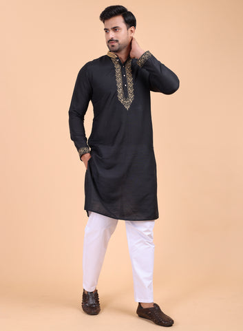 Men’s Black Silk Kurta and White Pant Set with Golden Embroidery