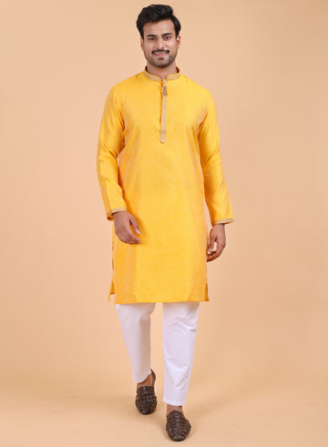 Men’s Mustard Silk Kurta and White Pant Set with Detailing