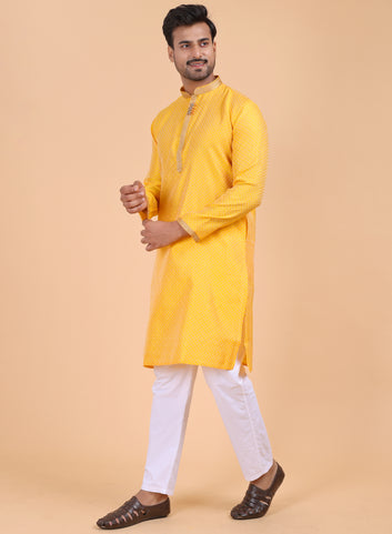 Men’s Mustard Silk Kurta and White Pant Set with Detailing