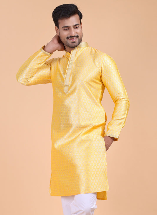 Men’s Yellow Cotton Brocade Kurta