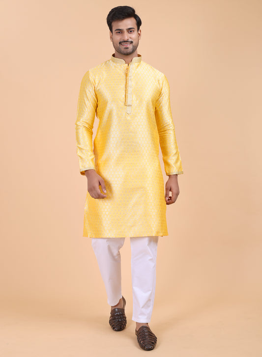 Men’s Yellow Silk Kurta and White Pajama Set with Detailing