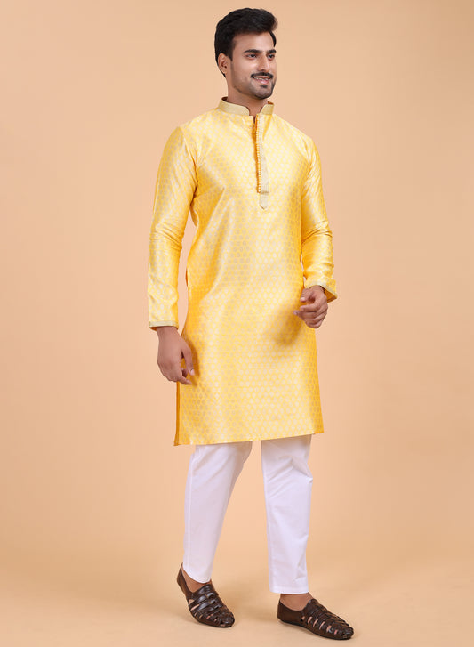 Men’s Yellow Silk Kurta and White Pajama Set with Detailing