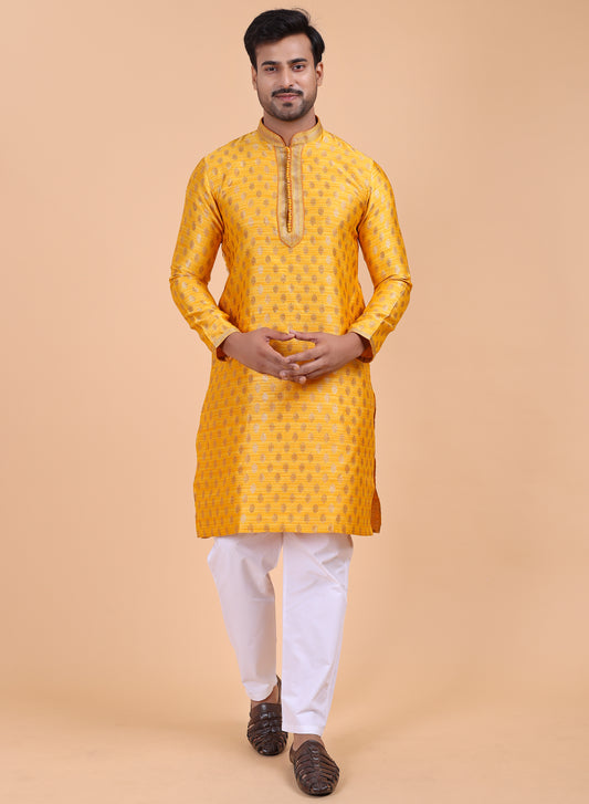 Men’s Yellow Silk Kurta and White Pajama Set with Golden Detailing