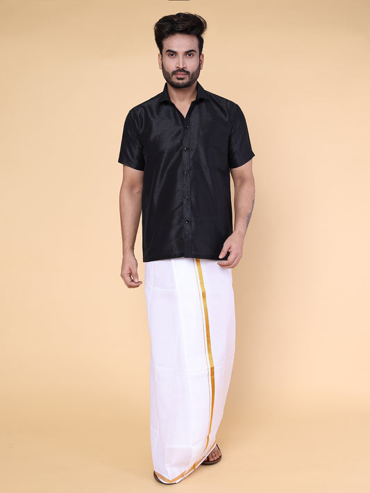 Men’s Black Silk Shirt with White Mundu