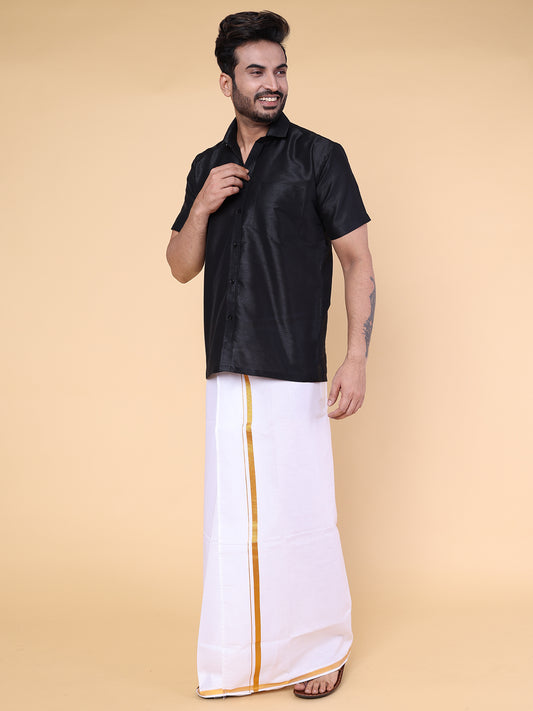 Men’s Black Silk Shirt with White Mundu