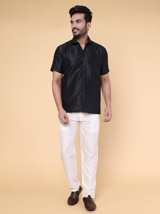 Men’s Black Silk Shirt & Cream Pant Set