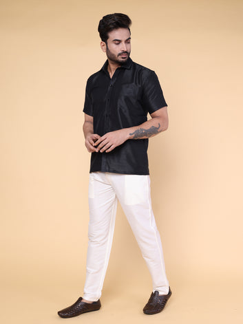 Men’s Black Silk Shirt & Cream Pant Set