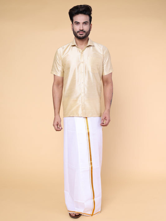Men’s Gold Silk Shirt with White Mundu