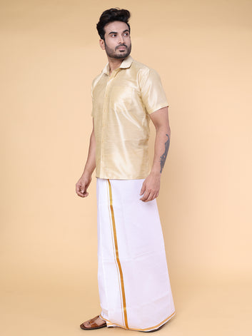 Men’s Gold Silk Shirt with White Mundu