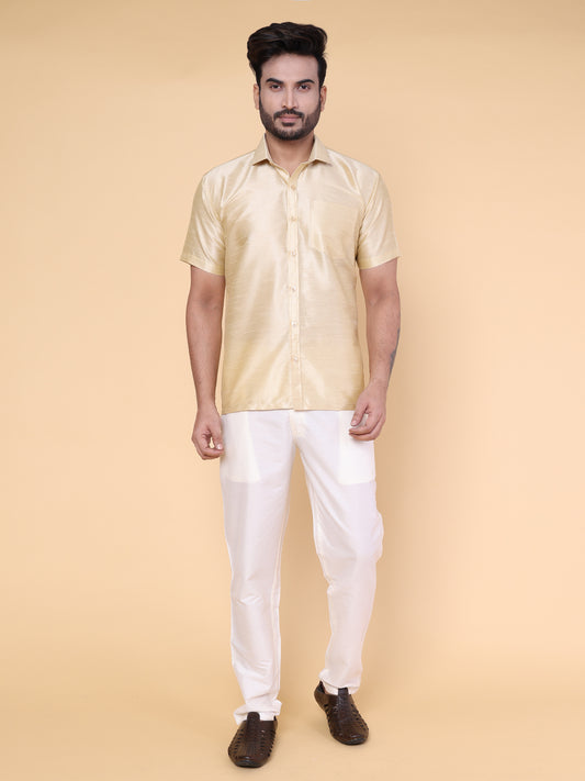 Men’s Gold Silk Shirt & Cream Pant Set