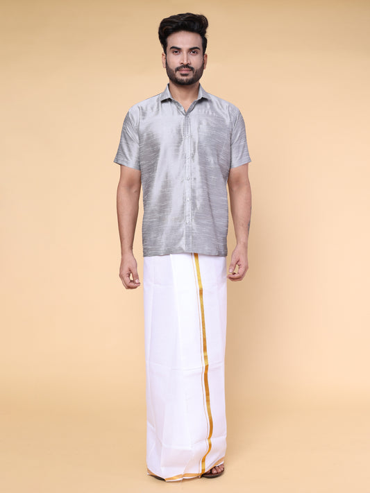 Men’s Grey Silk Shirt with White Mundu