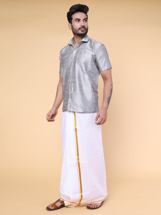 Men’s Grey Silk Shirt with White Mundu