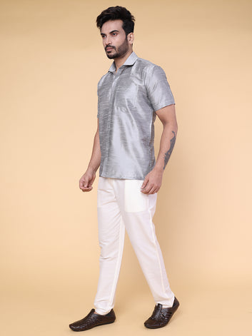 Men’s Grey Silk Shirt & Cream Pant Set