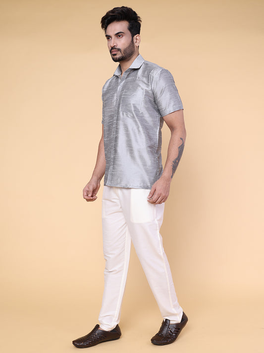 Men’s Grey Silk Shirt & Cream Pant Set