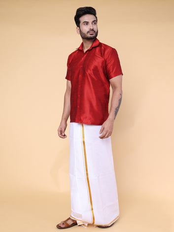 Men’s Maroon Silk Shirt with White Mundu