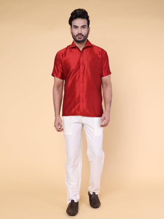 Men’s Maroon Silk Shirt & Cream Pant Set