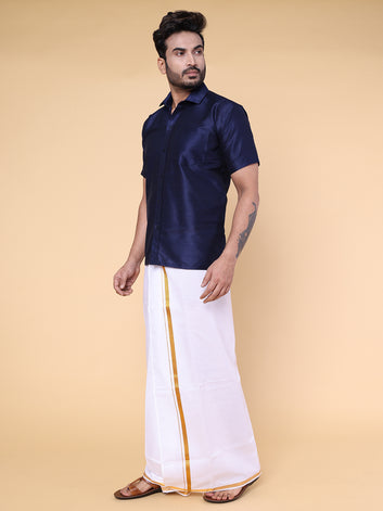 Men’s Navy Blue Silk Shirt with White Mundu