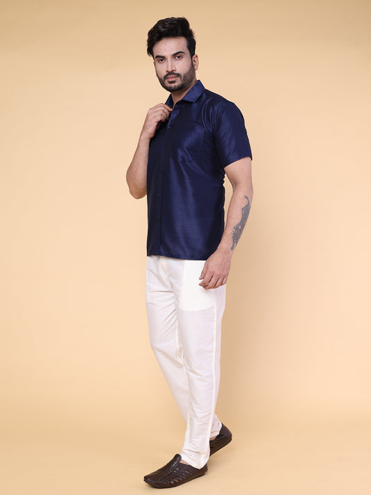 Men’s Navy Blue Silk Shirt & Cream Pant Set