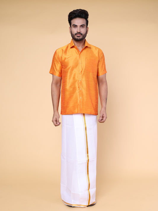 Men’s Orange Silk Shirt with White Mundu