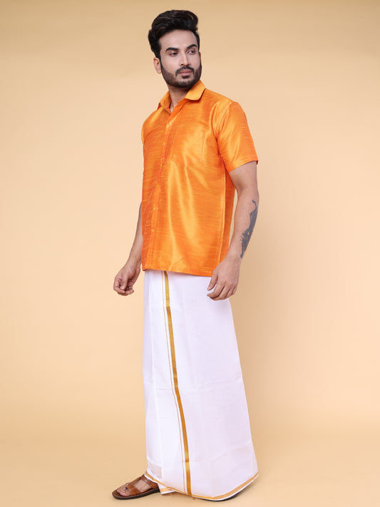 Men’s Orange Silk Shirt with White Mundu