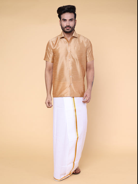 Men’s Rose Gold Silk Shirt with White Mundu