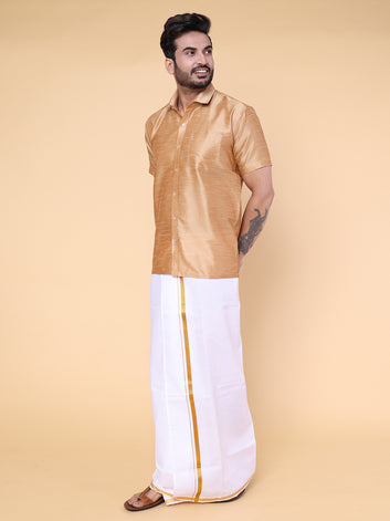 Men’s Rose Gold Silk Shirt with White Mundu