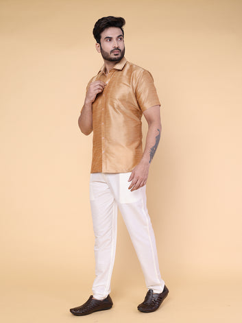 Men’s Rose Gold Silk Shirt & Cream Pant Set