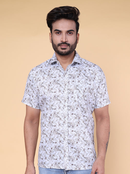 Men’s White Printed Silk Blend Shirt